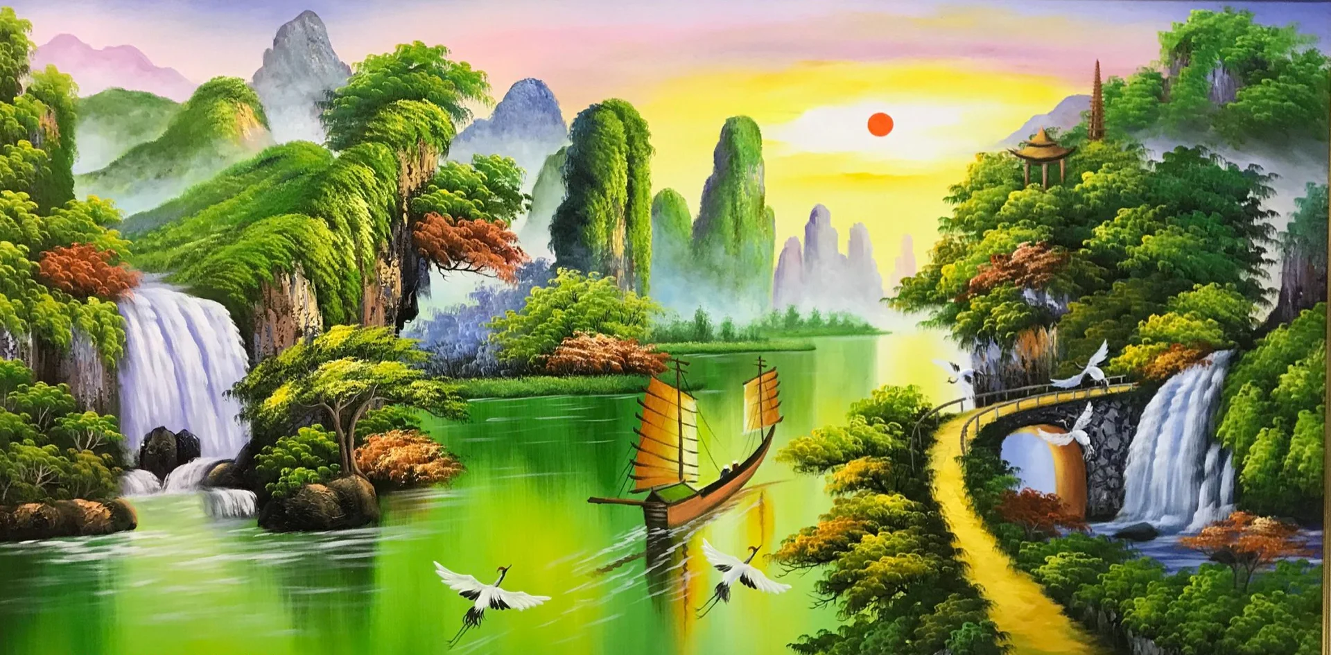 Tranh sơn thủy hữu t&igrave;nh n&uacute;i sau nước trước treo ph&ograve;ng kh&aacute;ch