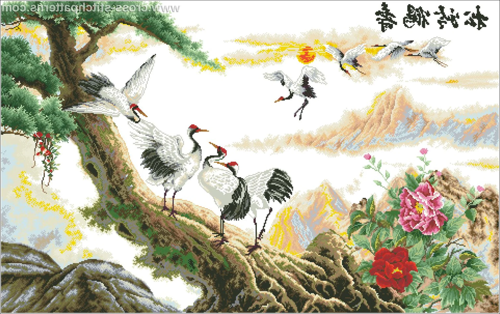 Tranh T&ugrave;ng hạc trường thọ phong thủy treo ph&ograve;ng kh&aacute;ch người lớn tuổi